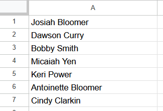 Example of Google Sheet with names in a column